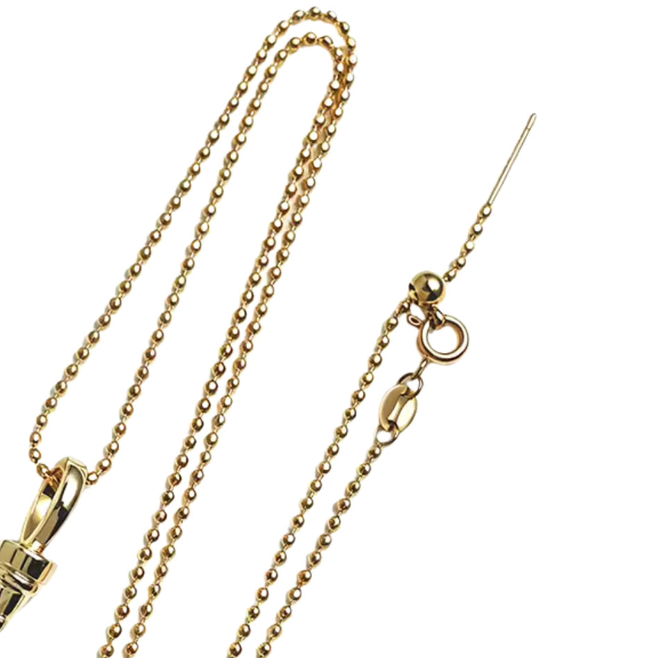 A gold ball chain necklace with a lobster clasp and a small circular ring detail, shown on a plain white background.