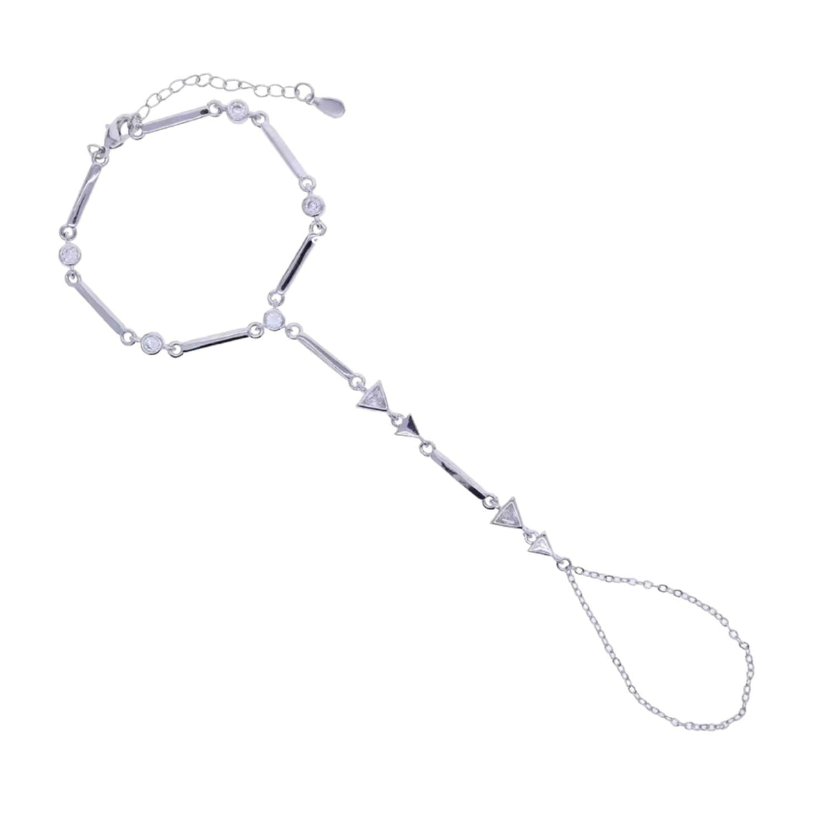 A silver-toned geometric handchain featuring a main hexagonal ring, elongated bar segments, small circular beads, and dangling triangular charms with an adjustable chain extender.