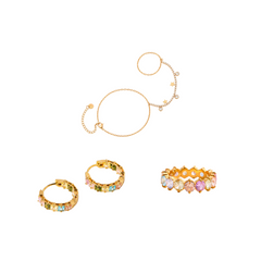 A jewelry set featuring a gold chain bracelet with pearl-like beads, a pair of gold hoop earrings with multicolored stones, and a gold band ring with alternating yellow and pink gemstones, all arranged on a plain white background.