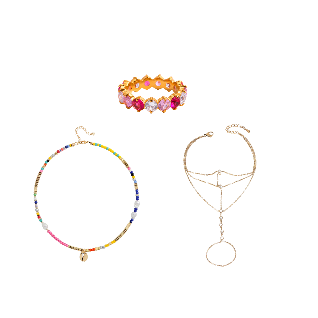 Three jewelry pieces arranged on a plain white background: a beaded choker necklace with multicolor beads and a small gold charm, a gold flower bracelet with pink and orange stones, and a delicate gold chain necklace with a geometric pendant and hanging ring.